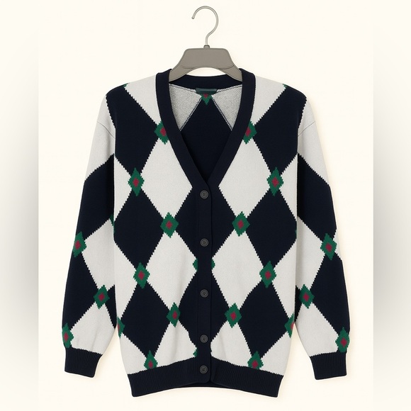Sarah English Petite Small Vintage Argyle Cardigan Sweater Knit V-Neck - Picture 1 of 3